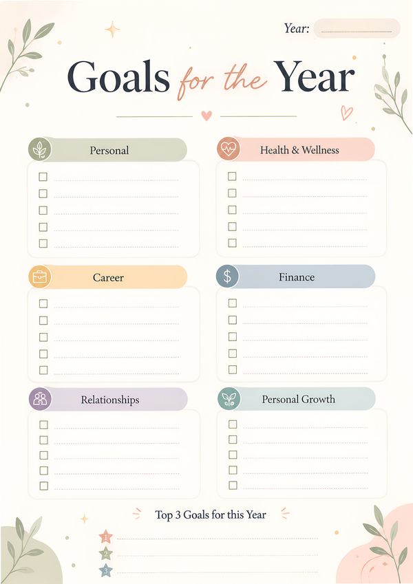 A pastel goals for the year printable designed to organize annual goals across life's most important areas.
