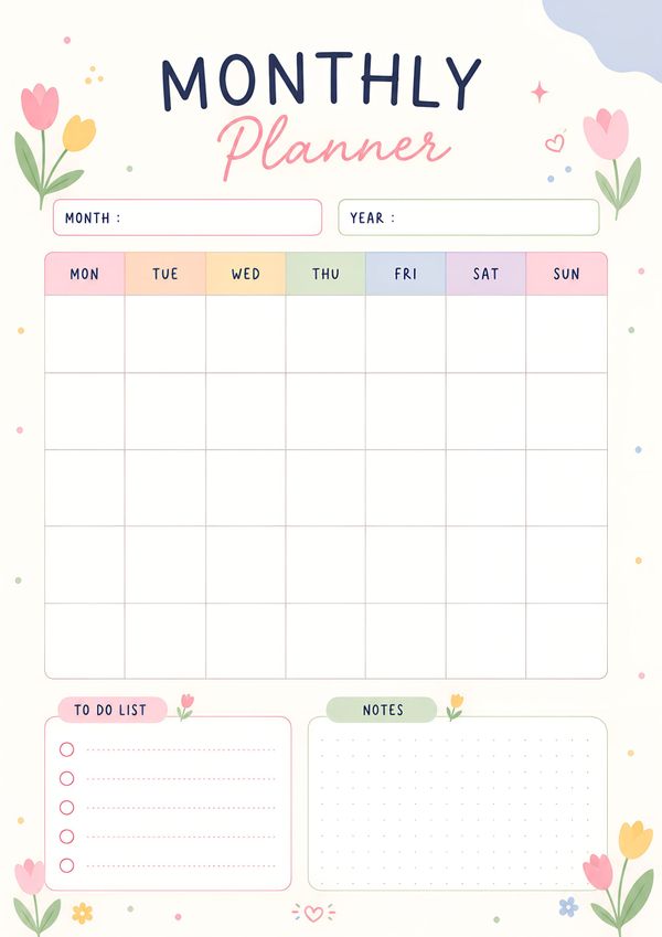 A pastel monthly planner printable featuring a clean calendar layout, notes, and a to-do list for monthly organization.