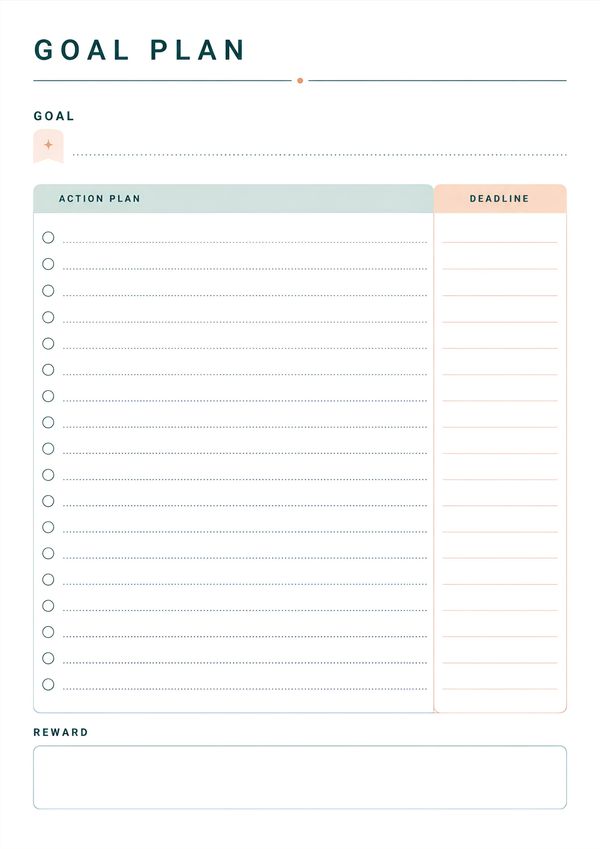 Printable goal action planning worksheet with goal section, action plan checklist, deadline tracker, and reward area for personal, academic, or business planning.