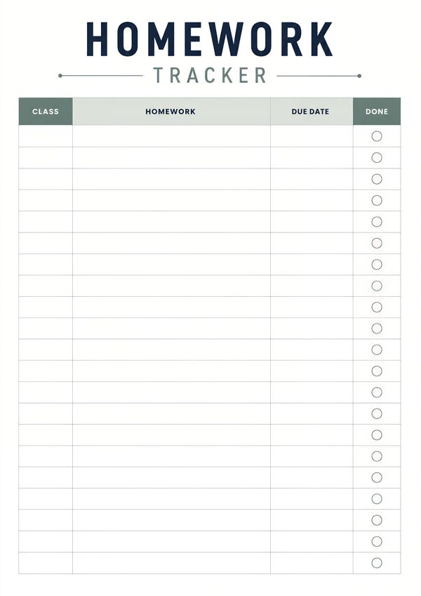 Minimal homework tracker printable designed to help students organize assignments, classes, and due dates.
