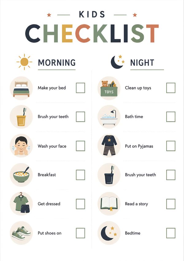 Printable kids morning and night routine checklist featuring illustrated daily habits for morning and bedtime with easy-to-use checkboxes.