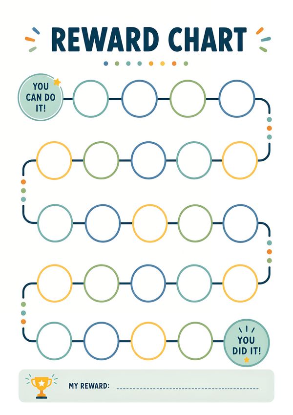 Printable kids reward chart with a colorful milestone path, achievement circles, and reward section for encouraging positive behavior and daily habits.