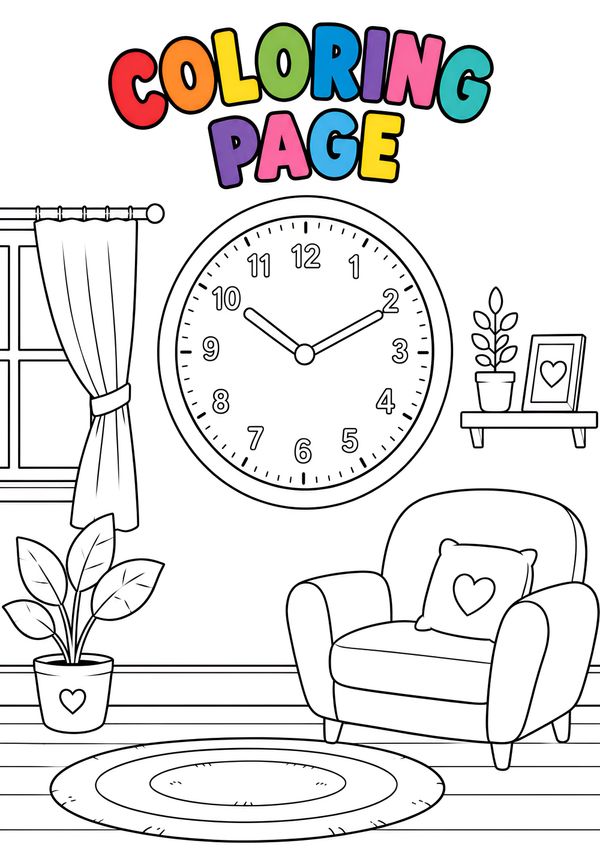 Printable living room coloring page with a cozy interior scene featuring a clock, armchair, plants, window, and decorative shelf.