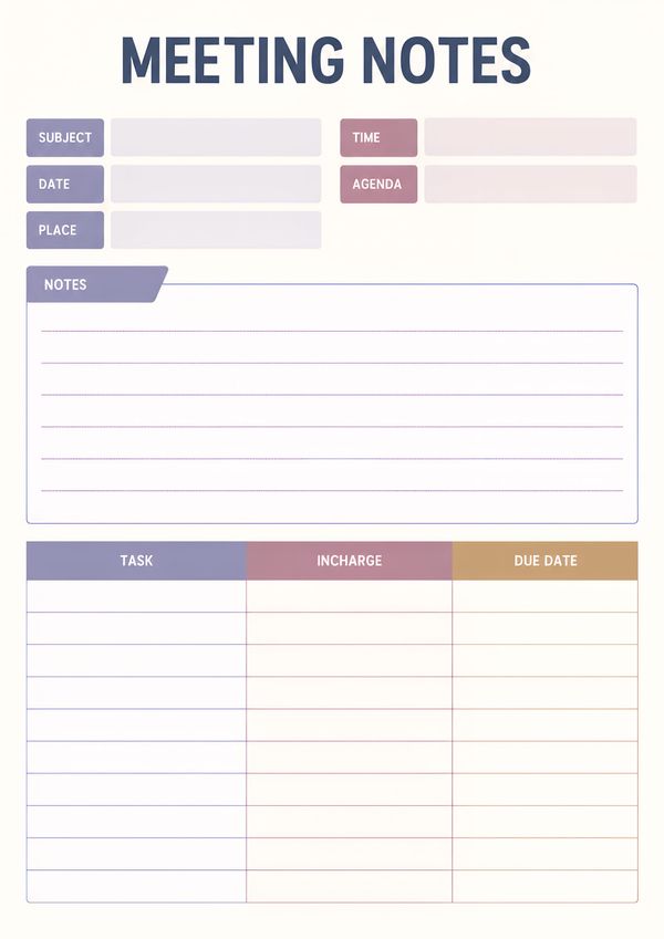 Printable meeting notes organizer featuring sections for subject, date, time, agenda, discussion notes, task assignments, responsible persons, and due dates.