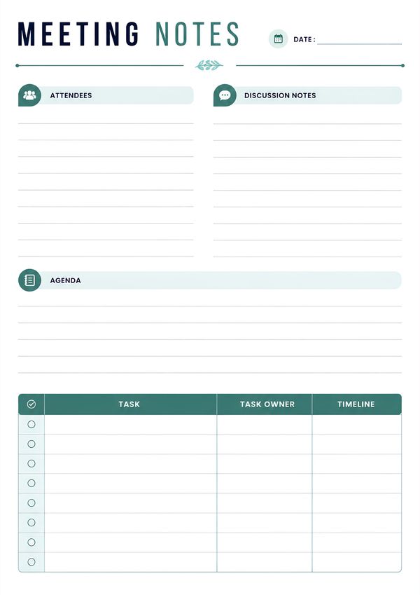 Printable meeting notes template featuring attendees, discussion notes, agenda, action items, task owners, and timeline tracker.