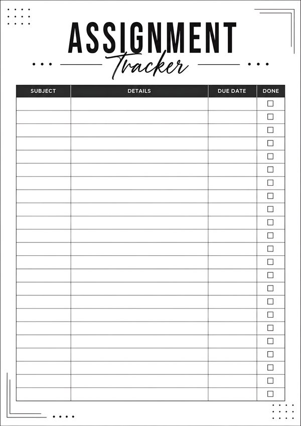Minimal printable assignment tracker featuring subject, assignment details, due date, and completion checkbox columns.