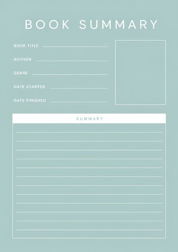 Printable minimal book summary template featuring sections for book information, reading dates, book cover, and a spacious summary writing area.