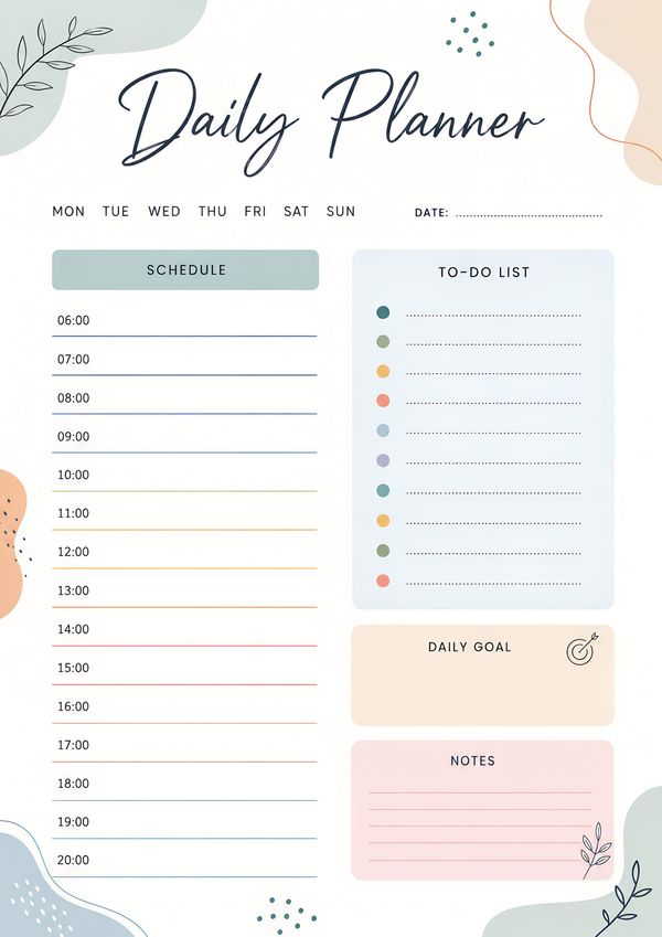 Printable minimal daily planner schedule featuring an hourly timetable, to-do list, daily goal section, and notes area for better daily organization.