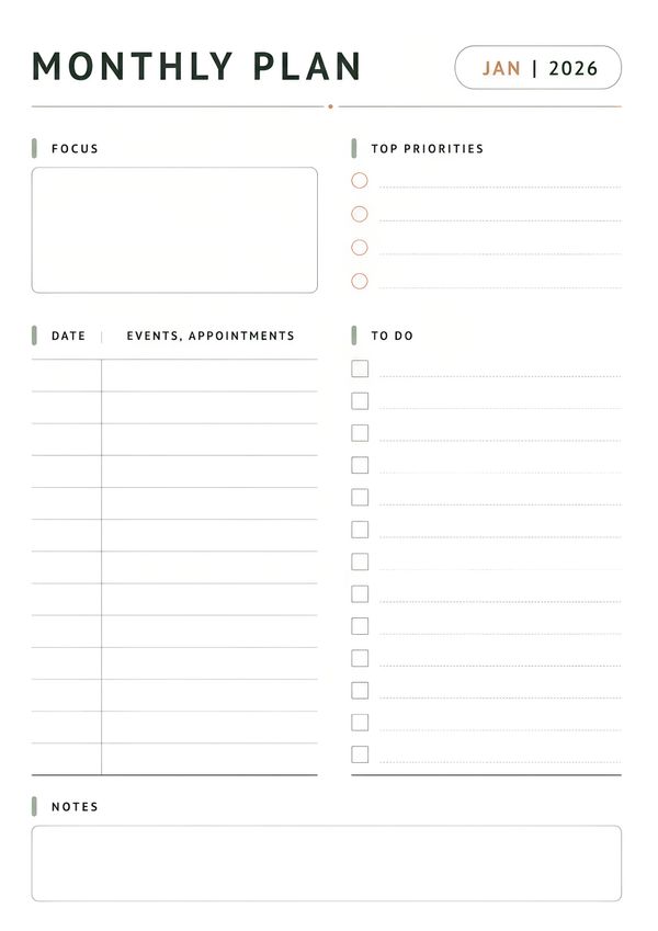 A clean monthly planner printable designed for organizing priorities, appointments, tasks, focus goals, and monthly notes.