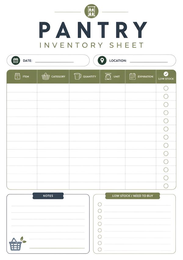 Printable minimal pantry inventory tracker with item categories, quantities, expiration dates, low stock checklist, notes, and grocery reminder section.