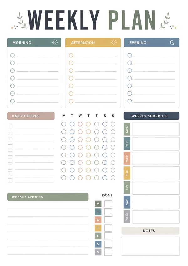 Minimal printable weekly planner with sections for morning, afternoon, evening routines, daily chores, weekly schedule, habit tracking, notes, and weekly goals.