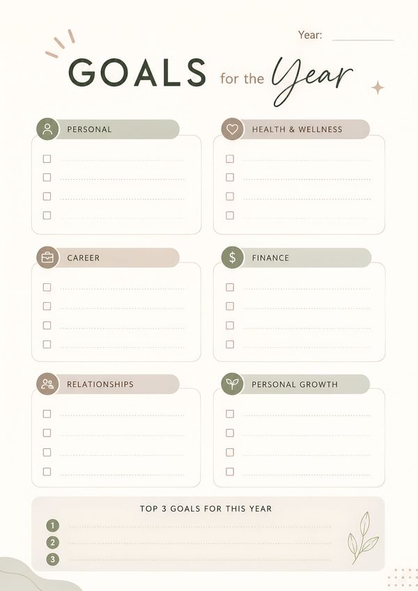 A clean yearly goals planner to organize priorities and track personal growth throughout the year.