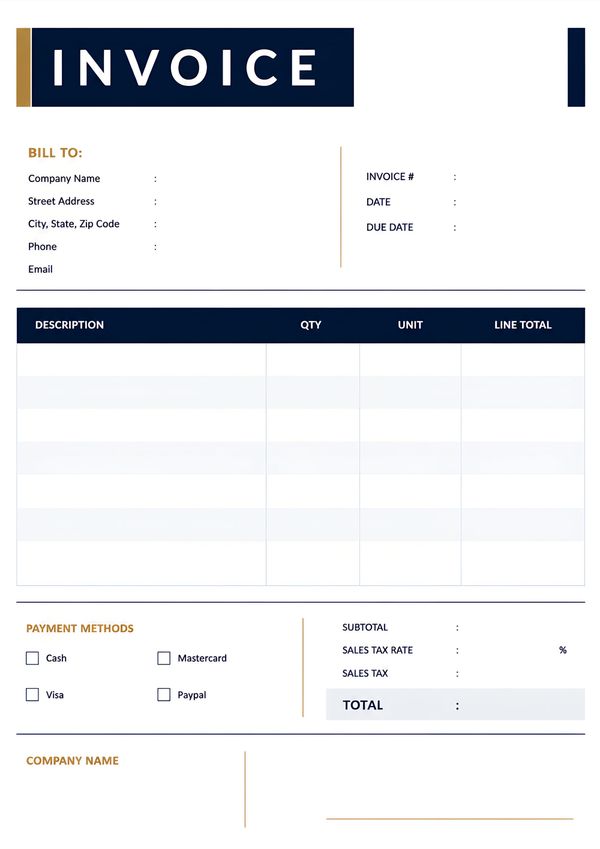 Modern printable sales invoice template featuring billing information, itemized invoice table, payment methods, tax calculation, and total summary.