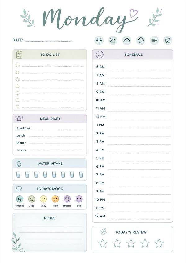 Printable Monday planner with hourly schedule, task list, meal planner, hydration tracker, mood tracker, notes, and daily review.