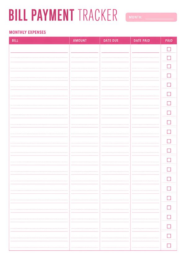 Printable monthly bill payment tracker featuring bill names, amounts, due dates, payment dates, and paid status checkboxes.