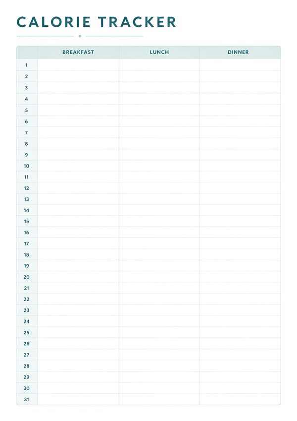 Printable monthly calorie intake tracker featuring 31-day meal logging sections for breakfast, lunch, and dinner to support healthy eating and nutrition planning.