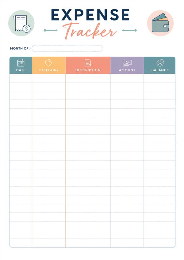 A printable monthly expense tracker designed to organize spending, monitor balances, and improve money management.