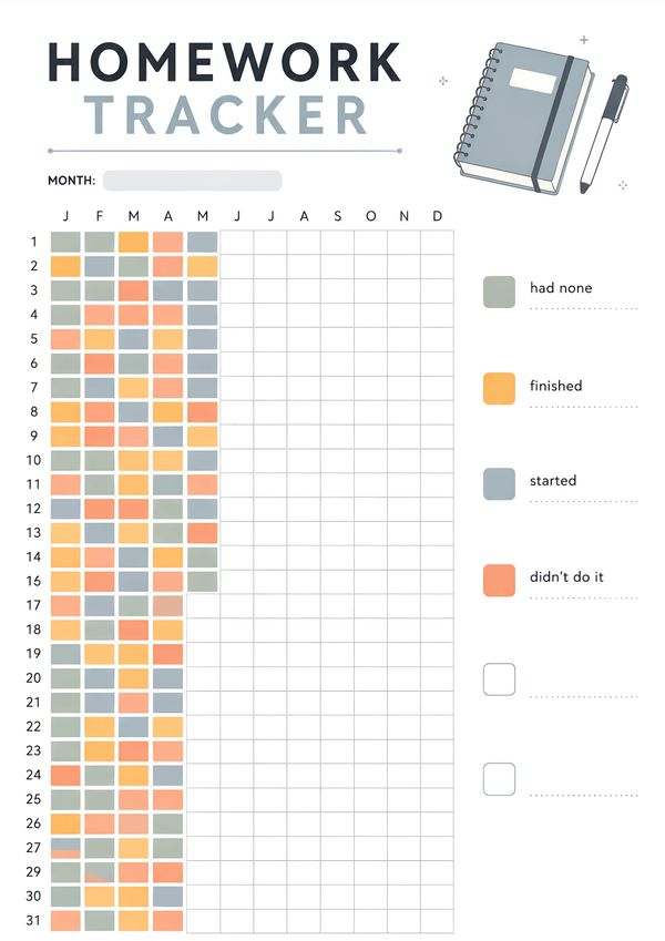 A printable monthly homework tracker with a color-coded progress calendar, monthly overview, and assignment completion legend.