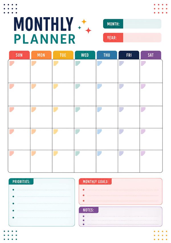 Printable monthly planner calendar with monthly overview, priorities, goals, notes, and colorful weekday layout.