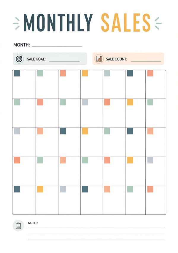 Printable monthly sales performance tracker featuring monthly goal, sales count, calendar-style tracking grid, and notes section for business performance monitoring.