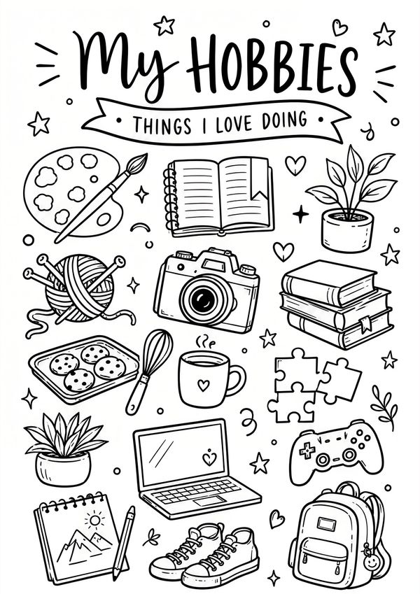 A printable hobbies coloring page with hand-drawn illustrations of creative activities for kids, students, and classroom fun.
