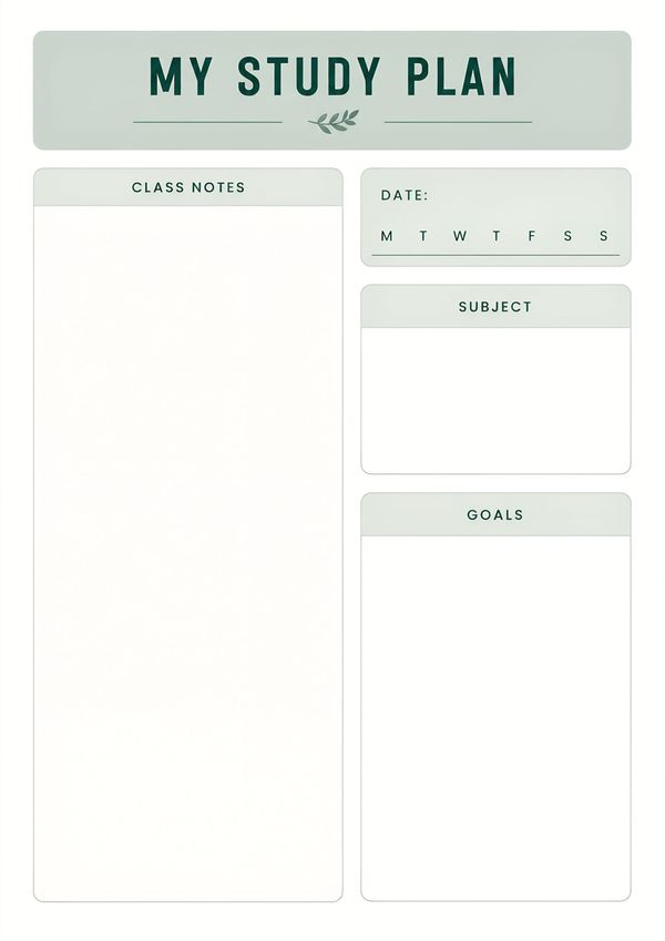 Printable personal study plan template featuring class notes, subject tracker, study goals, and date section.