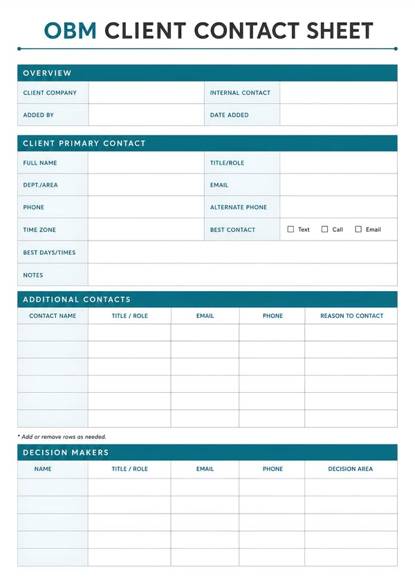 Printable OBM client contact sheet with sections for client overview, primary contact, additional contacts, and decision makers.