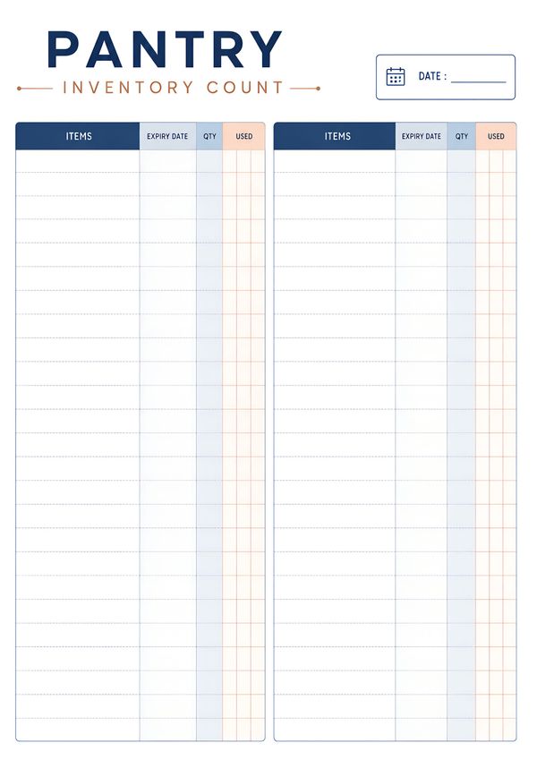 Printable pantry inventory count tracker with item list, expiration date, quantity, and usage tracking columns.