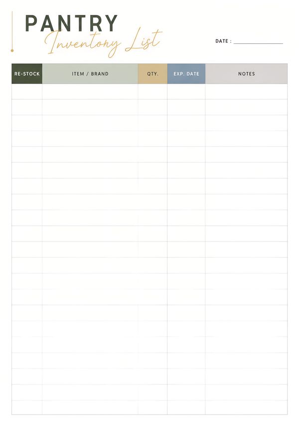Printable pantry inventory log sheet with sections for items, quantity, expiration dates, restocking, and notes.