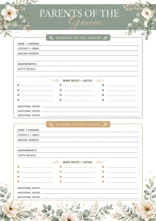 Printable parents of the groom wedding planner with contact details, outfit information, roles, duties, and notes sections.