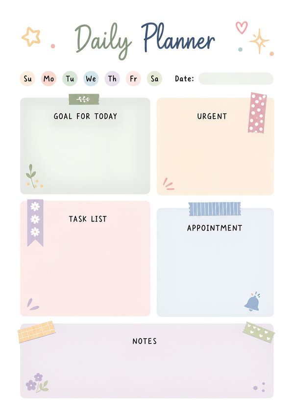 Pastel printable daily planner featuring goal, urgent tasks, appointments, task list, notes, date field, and weekday selector.