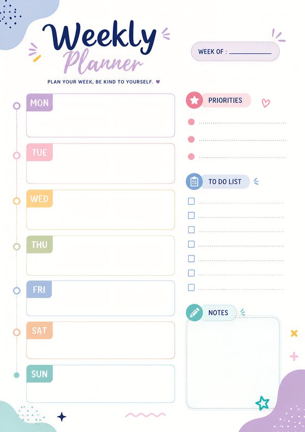 A colorful weekly planner printable for organizing daily tasks, priorities, and weekly goals.