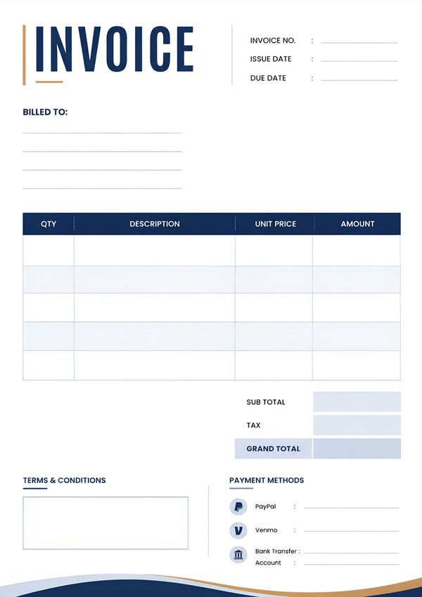 Printable premium invoice billing sheet with client details, itemized services, payment methods, totals, and terms & conditions.