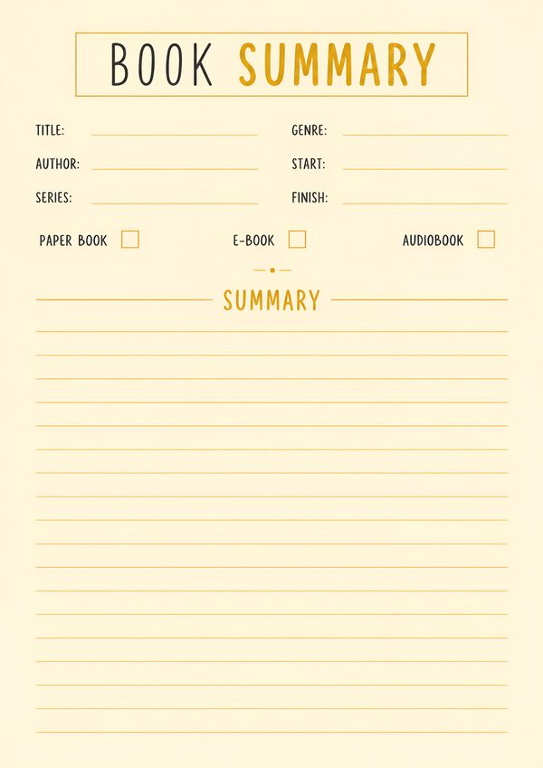 Printable book summary notes template featuring sections for title, author, genre, reading dates, book format selection, and a lined summary page.