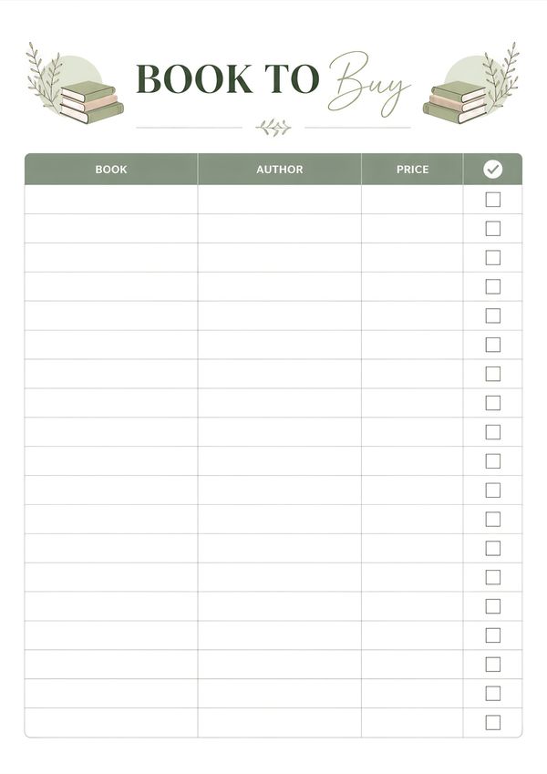 Printable books to buy wishlist tracker featuring columns for book title, author, price, and purchase checklist in a clean minimalist layout.