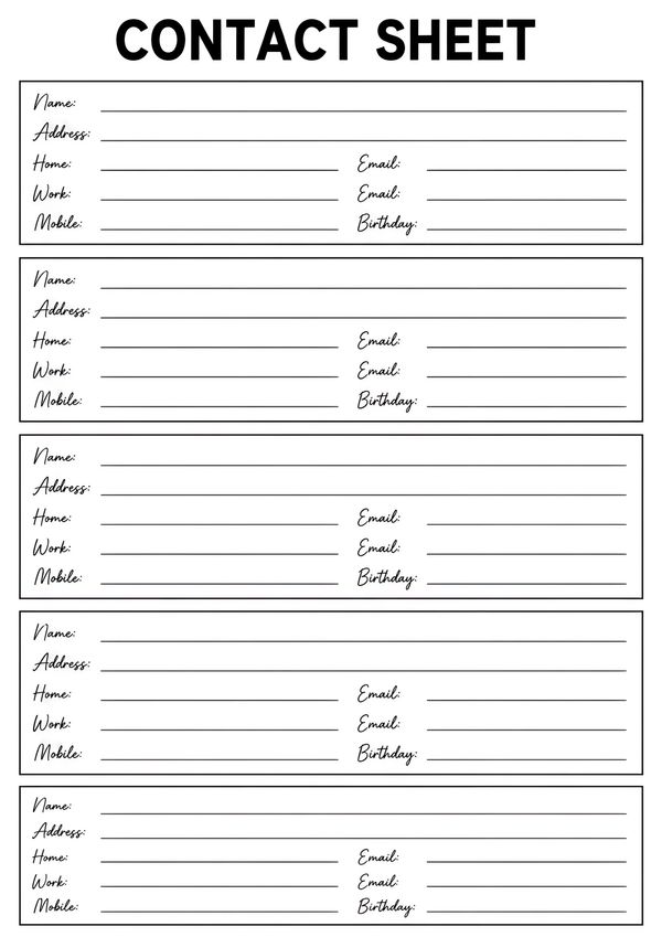 Printable contact information directory sheet with organized sections for names, addresses, home and work numbers, mobile phones, emails, and birthdays.
