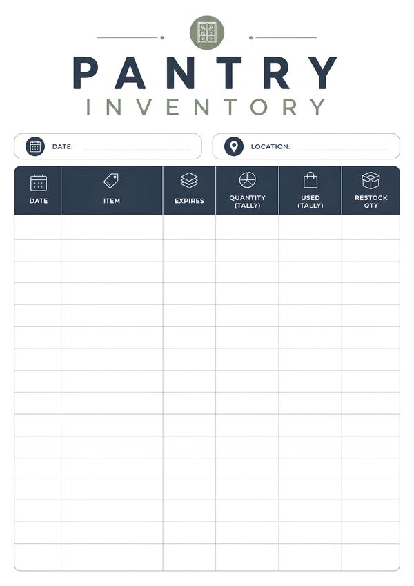 Printable pantry inventory tracker featuring sections for date, location, pantry items, expiration dates, quantity, usage tally, and restock quantity.