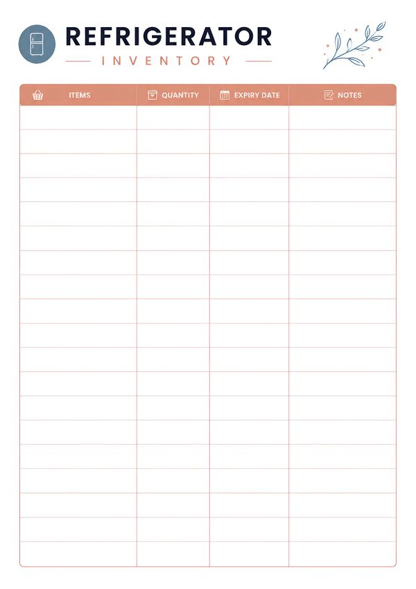 Printable refrigerator inventory tracker with sections for food items, quantity, expiration date, and notes for efficient kitchen organization.