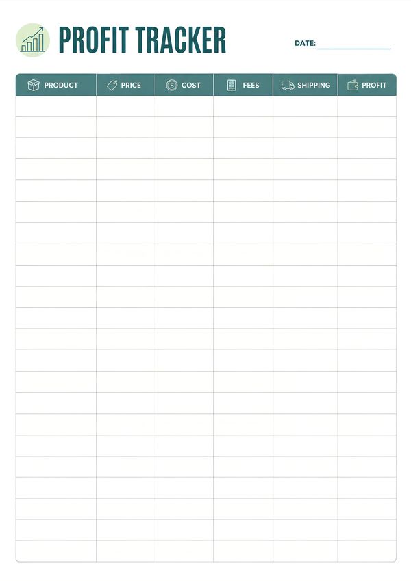 Printable profit analysis tracking sheet with product, price, cost, fees, shipping, and profit columns.