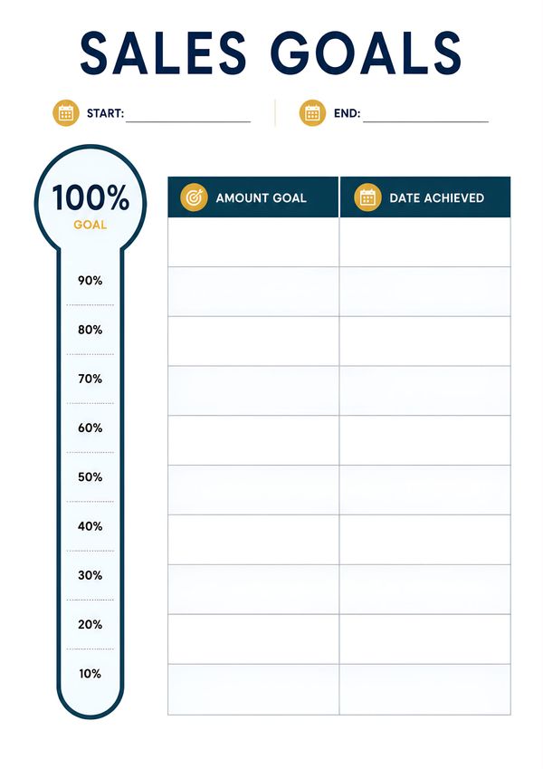 Printable revenue goal planning sheet with progress tracker, financial milestones, amount goals, and achievement dates.