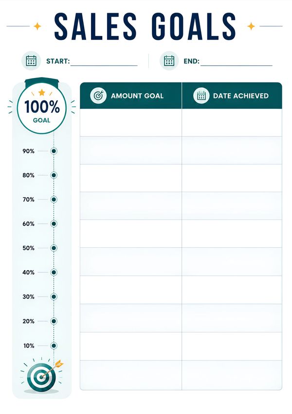 Printable sales goal progress tracker featuring milestone percentages, target amounts, achievement dates, and progress tracking for revenue planning.