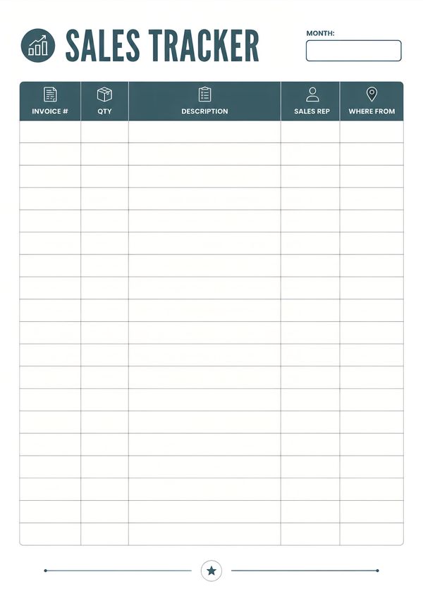 Printable sales tracker worksheet for recording invoice numbers, product quantities, descriptions, sales representatives, customer sources, and monthly sales records.
