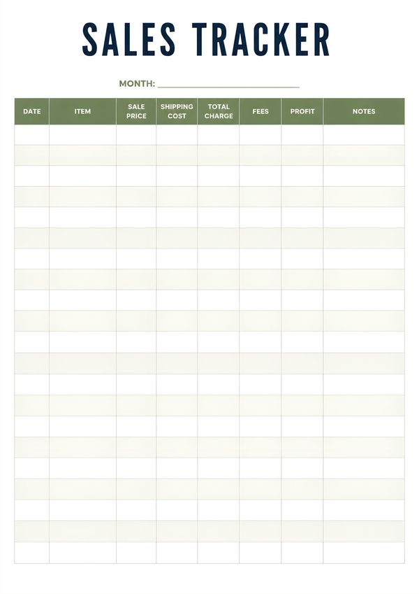 Printable sales tracker template with columns for date, item, sale price, shipping cost, total charge, fees, profit, and notes to organize business sales.