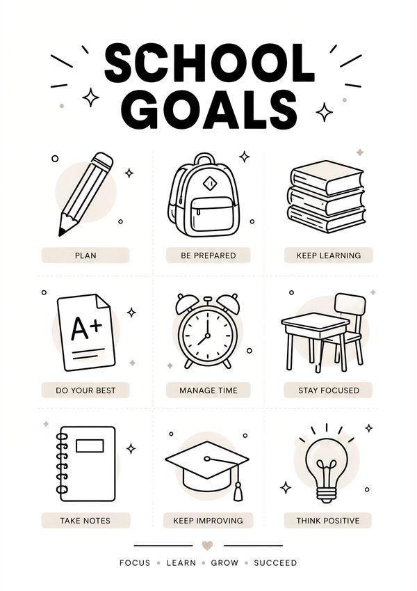 A printable school goals poster designed to inspire students with positive learning habits and classroom motivation.