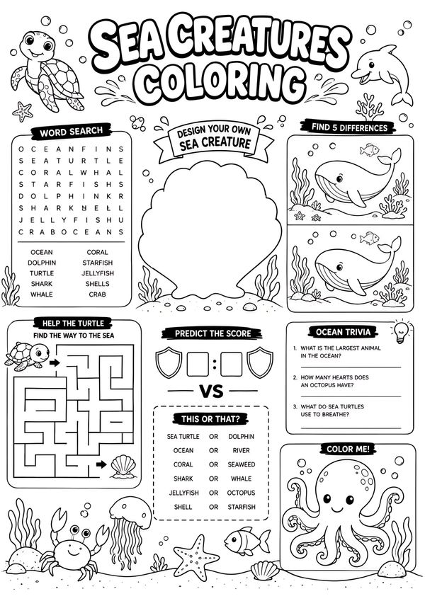 Printable sea creatures coloring activity book page featuring ocean animals, word search, maze, coloring, trivia, drawing challenge, and educational games for kids.