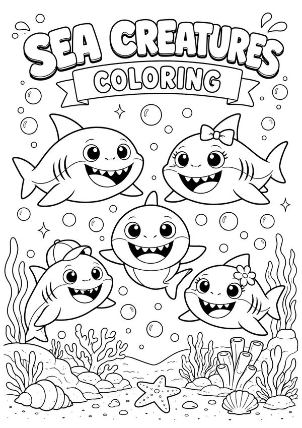 Printable sea creatures coloring page featuring adorable sharks, coral reefs, seashells, bubbles, and underwater ocean scenery for kids.