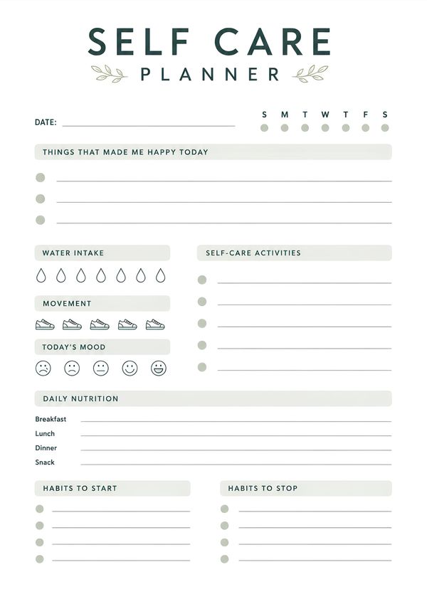 Printable self care planning worksheet featuring mood tracker, water intake, nutrition, habits, and wellness activities.