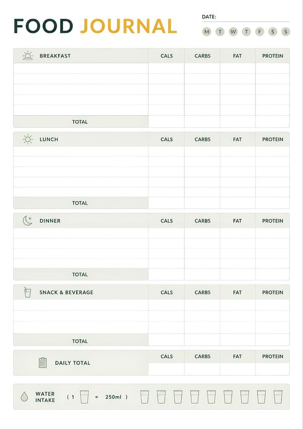 A simple printable daily food journal with sections for breakfast, lunch, dinner, snacks, daily nutrition totals, and water intake tracking.