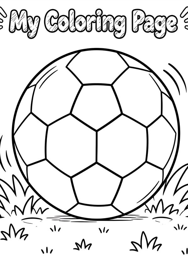 Printable soccer ball coloring page with a large football illustration and bold outlines for kids.
