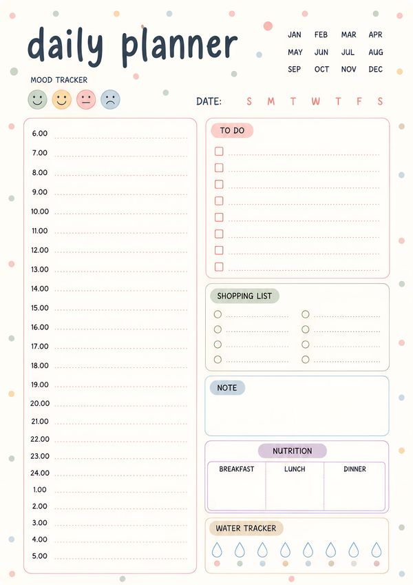 A complete daily planner printable for organizing schedules, tasks, meals, hydration, and daily routines.